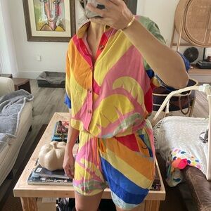 Farm Rio silk suede two piece shirt outfit size S